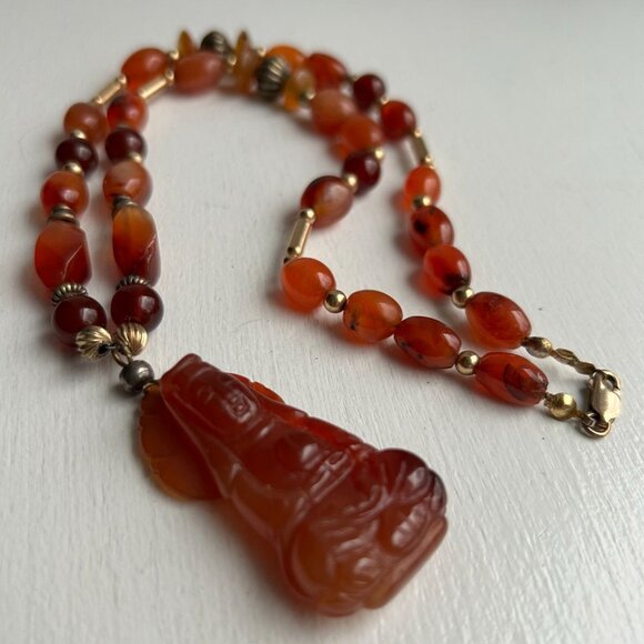 14k GF Carnelian Agate Beaded Necklace with Carved Guan Yin Buddhist - Picture 9 of 13
